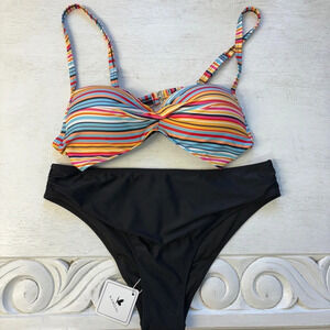 NWT Kamoni Bikini Stripe Top Black Bottom